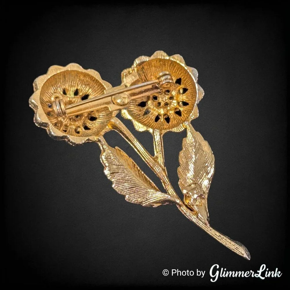 Vintage Gold Tone Double Flower Brooch with Rhinestones and Faux Pearls